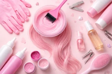 pink hair dye flat lay with color bowl, gloves, and gentle haircare products on a pastel background, no text