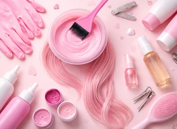 pink hair dye flat lay with color bowl, gloves, and gentle haircare products on a pastel background, no text