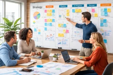 sagerne strategy concept showing organized business cases, workflow boards, and team collaboration