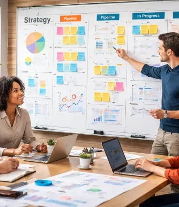 sagerne strategy concept showing organized business cases, workflow boards, and team collaboration