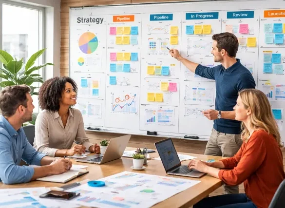 sagerne strategy concept showing organized business cases, workflow boards, and team collaboration