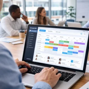 Schedule 360 business scheduling dashboard showing shift planning, open shifts, employee availability, reporting, and manager workflow setup