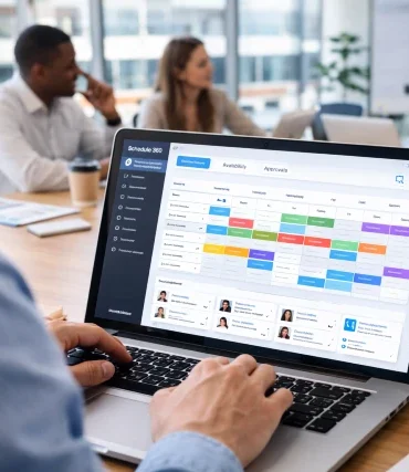 Schedule 360 business scheduling dashboard showing shift planning, open shifts, employee availability, reporting, and manager workflow setup
