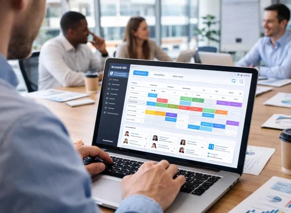 Schedule 360 business scheduling dashboard showing shift planning, open shifts, employee availability, reporting, and manager workflow setup