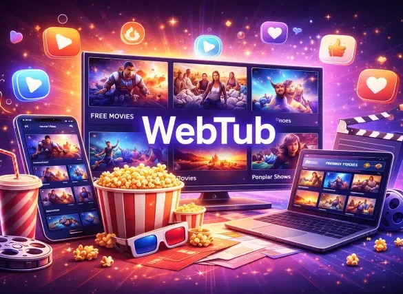 WebTub entertainment platform showing free movies, trending videos, and popular shows available this week